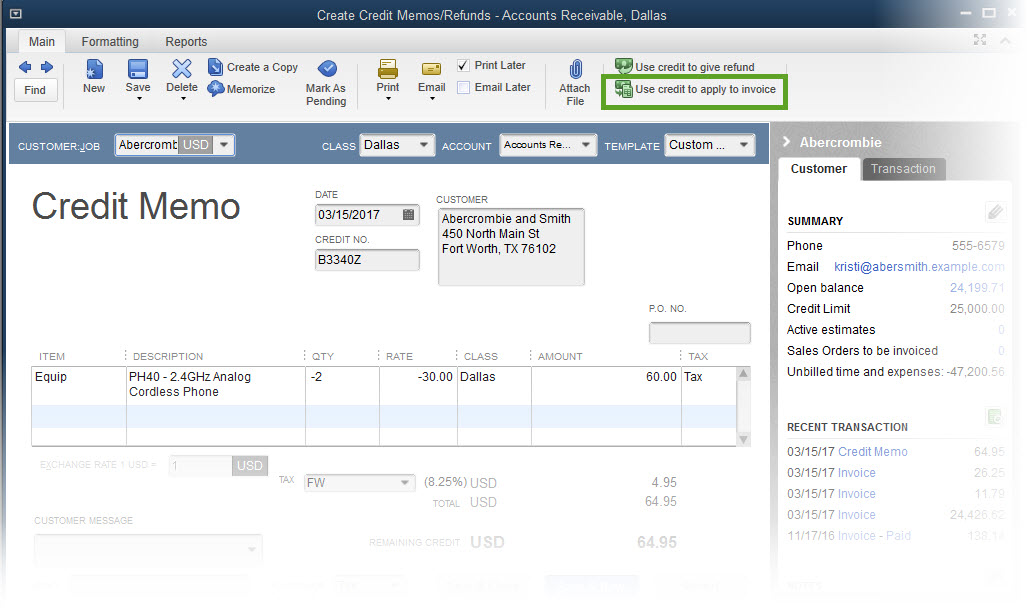 qbo apply credit memo to invoice