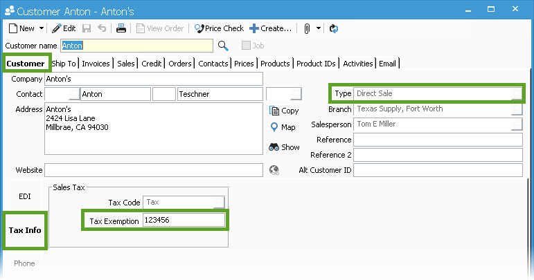 Customer Tax Exemption and Type