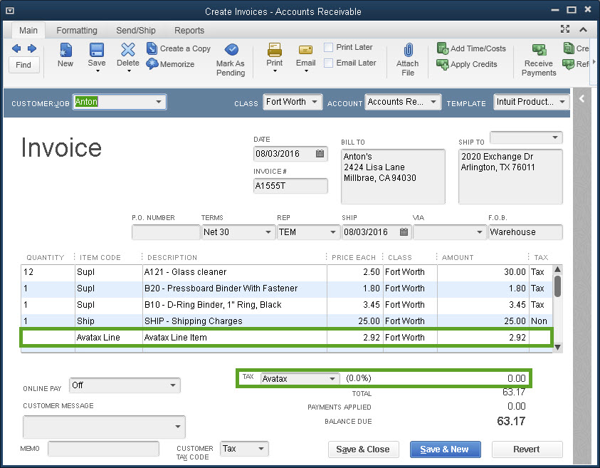 Invoice in QuickBooks with Avalara