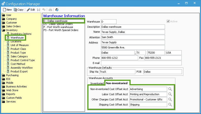 Non-inventoried accounts on warehouse