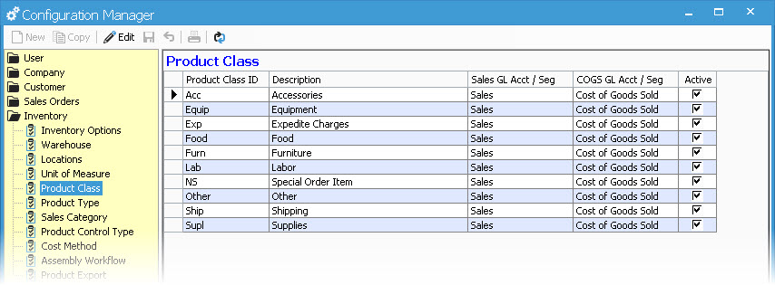 Product Class Configuration