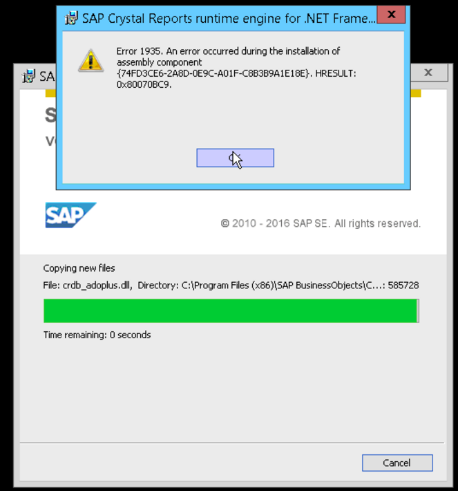 sap crystal reports runtime error 1935